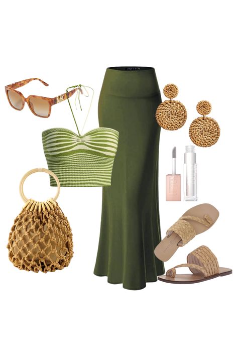 Discover the secrets to looking and feeling like a Grecian goddess with our ultimate guide to Greece outfits for your upcoming Greece vacation. Whether you're strolling through ancient ruins or dancing the night away, we've handpicked the best vacation outfits, trends and accessories to ensure you stand out in the Mediterranean sun. Jungle Vacation Outfits, Green Vacation Outfits, Outfits For Greece Vacations, Summer Amazon Outfits, Vacation Night Outfits, Chic Beach Outfit, Tiki Fashion, Greece Cruise, Casual Vacation Outfits