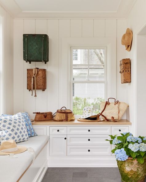 Benjamin Moore Dark Harbor, White Mudroom, Chicken Wire Cabinets, Liz Caan, Cottage Laundry Room, Wire Cabinet, Stolen Kiss, Bench Under Window, Mudroom Remodel