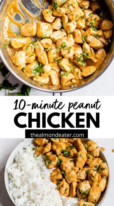 The easiest PEANUT CHICKEN SKILLET you'll ever make! The whole dish is ready in 10 minutes, and the chicken is marinated the most delicious peanut sauce. Chicken Peanut Butter Recipes, Tai Peanut Chicken, Chicken And Peanuts Recipe, Healthy Peanut Chicken Recipe, Peanut Sauce Chicken Recipes, Peanut Thai Chicken, Peanut Butter Chicken Chinese, Chicken Broccoli Peanut Sauce, Chicken Saute With Peanut Sauce