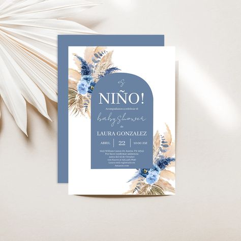 Boho Blue Pampas Spanish Baby Shower Boy Invitation Blue Pampas, Spanish Invitations, Baby Lyrics, Boho Invitations, Boho Baby Shower Invitations, Baby Shower Invitaciones, Boho Blue, Wedding Invitations Boho, Blue Boy