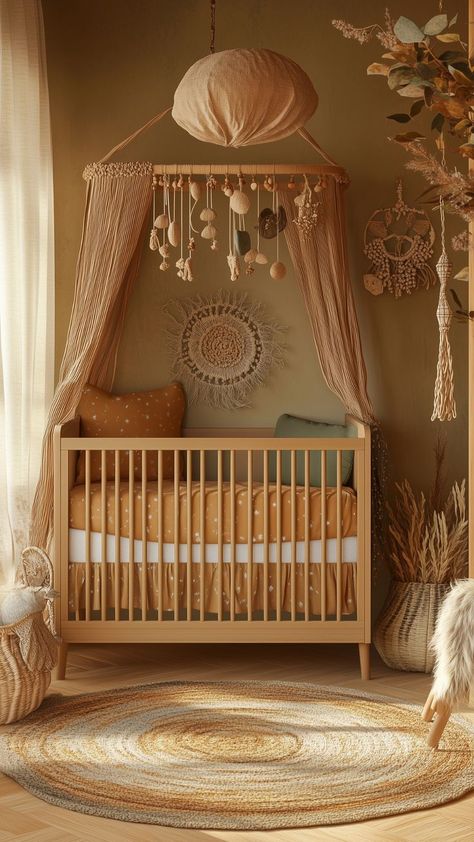 Earthy boho baby nursery with natural wood crib, warm tones, and woven decor accents for a cozy and calming ambiance. Neutral Nursery Ideas, Neutral Nurseries, Boho Baby Nursery, Bohemian Nursery, Earthy Decor, Calming Spaces, Girl A, Neutral Nursery, Gender Neutral Nursery