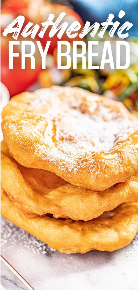 A stack of 3 pieces of fry bread dusted with powdered sugar and drizzled with honey. Authentic Fry Bread Native American, Vegan Fry Bread, Native American Fried Bread, Native American Fry Bread Recipe With Yeast, Authentic Navajo Fry Bread Recipe, Fry Bread Dessert, Indian Fry Bread Recipe Native Americans, Native Fry Bread, Navaho Fry Bread Tacos