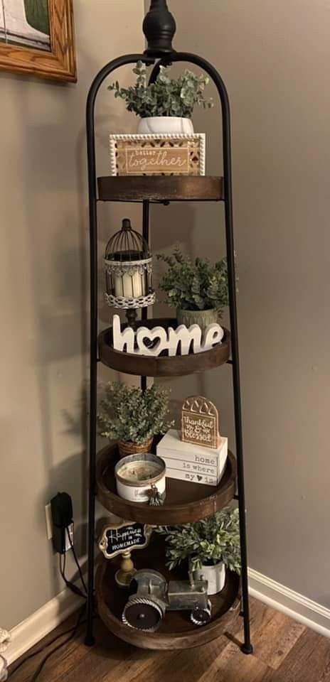 Small Living Room Ideas Farmhouse Boho, Farmhouse Decor For Small House, Corner Floor Decor, 4 Tier Stand Decor, Tier Shelf Decor Living Rooms, Small Entertainment Center Decor, Dining Room Shelf Decor Farmhouse, Tiered Shelf Decor Living Rooms, Four Tier Shelf Decor