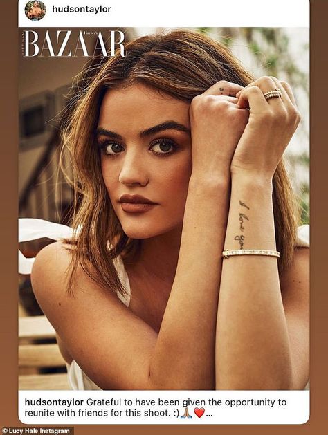 Lucy Hale Tattoo, Lucy Hale Photoshoot, Palm Springs Photoshoot, Lucy Star, Lucy Hale Style, Love Yourself Tattoo, Tattoo Wrist, Spring Photoshoot, Short Brown Hair