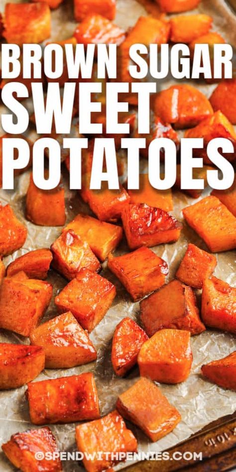 Roasted Sweet Potatoes With Brown Sugar, Roasted Sweet Potatoes With Marshmallows, Brown Sugar Roasted Sweet Potatoes, Recipes Using Frozen Sweet Potatoes, Diced Sweet Potatoes Baked, Frozen Sweet Potato Recipes, Fried Sweet Potatoes, Potato Recipes Roasted, Potato Recipes Baked