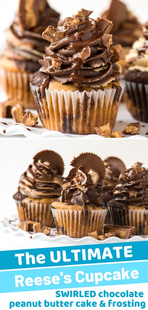 Chocolate peanut butter swirled cake and chocolate peanut butter swirled frosting makes these the ULTIMATE Reese’s Cupcakes! Plus there’s chopped peanut butter cups in the cake batter! We know you’ll fall in love with this reese’s cupcake with reese’s frosting. #reesescupcakes #chocolatepeanutbutter #peanutbuttercupcakes Recess Peanut Butter Cupcakes, Reeses Cupcakes Easy, Recess Cupcakes, Recess Dessert, Reese’s Peanut Butter Cupcakes, Reese’s Cupcakes, Reeses Cupcake, Reese Cupcakes, Swirled Frosting