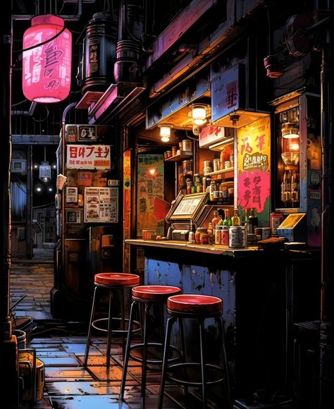 Cyberpunk Grocery Store, Cyberpunk Market, Rp Starters, Cyberpunk Cafe, Bodega Illustration, Cyberpunk Slums Concept Art, Cyberpunk Ramen Shop, Cyberpunk Poor City, Cafe Background