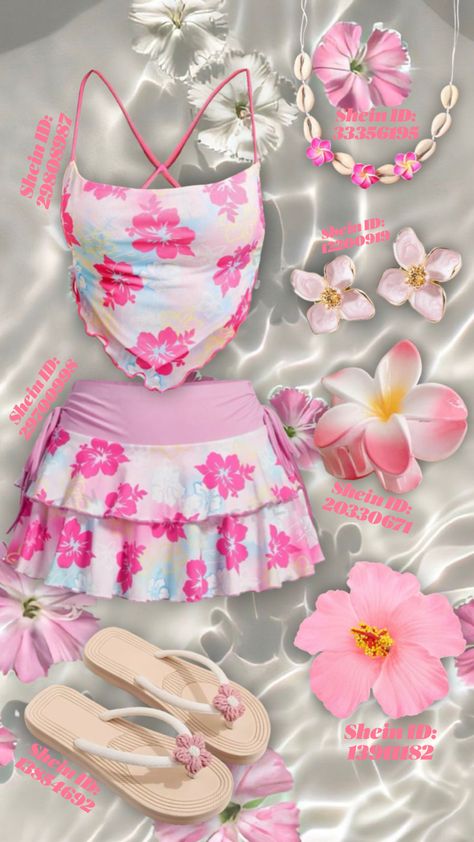 Summer Outfit 🌸 #outfitinspo #shein #summer #outfit #flowers #pink #summeraesthetic Swim Outfits Cover Up, Fem Summer Outfits, Cute Tropical Outfits, Strawberry Outfit, Tropical Outfits, Shein Summer, Sea Girl, Island Princess, Tropical Outfit