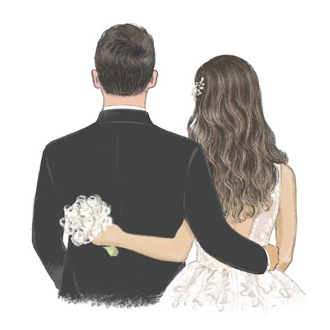 Bride And Groom Cartoon, Bride Clipart, Bride Silhouette, Wedding Drawing, Wedding Dress Sketches, Digital Invitations Wedding, Wedding Illustration, Hand Drawn Illustration, Young Couple