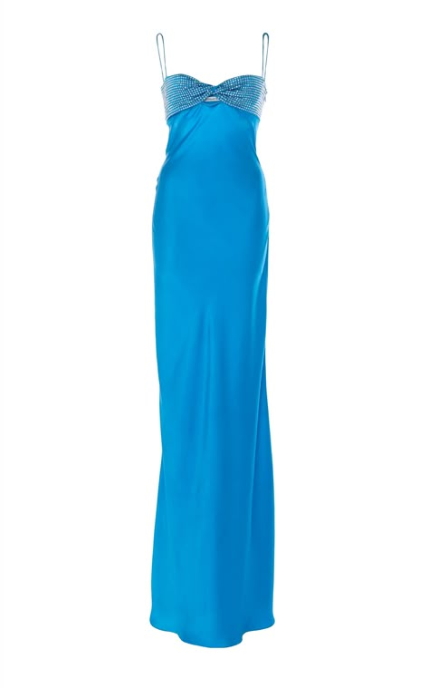 Crystal Embellished Silk Satin Gown by ALESSANDRA RICH for Preorder on Moda Operandi Blue Pleated Prom Dress, Long Blue Gown, Prom Dress Inspiration 2023, Strapless Blue Prom Dress, College Formal Dresses Long, Maci Dresses, Blue Ruffle Prom Dress, Beachy Prom Dress, Silk Prom Dresses