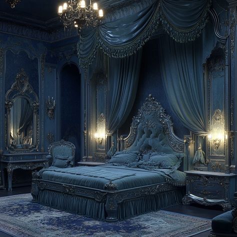 Blue Victorian Bedroom, Goth Maximalism, Bedroom Goth, Blue Aesthetic Room, Farmhouse Canopy Beds, Craftsman Bedding, Modern Victorian Bedroom, Royal Room, Castle Bedroom