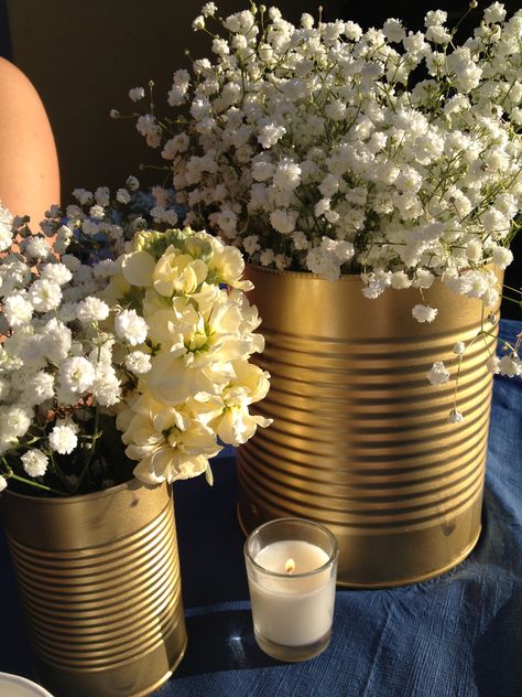 Tin can beauties Tin Can Centerpieces Wedding, Tin Can Centerpieces Table Decorations, Tin Pail Centerpiece, Tin Can Floral Arrangements, Tin Can Vases Wedding, Tin Can Centerpieces, Company Picnic, Prom Decor, Denim And Diamonds