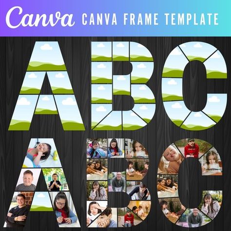 Canva frames alphabet font Letter Picture Collages, Fillable Letters, Collage Letters, Letter Photo Collage, Letter Frame, Alphabet Frames, Letter Collage, Canva Frames, Framed Letters