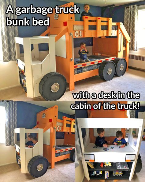 This DIY project helps you create a bunk bed for your kids that looks just like a garbage truck! The best part? The front cabin of the truck has a desk where your kids can sit down and do homework, play games, draw, and more. Bunk Beds Truck, Garbage Truck Bunk Bed, Race Car Bunk Bed, Garbage Truck Bed, Car Bunk Bed, Excavator Bed, Kids Truck Bed, Truck Toddler Bed, Desk And Bookshelf