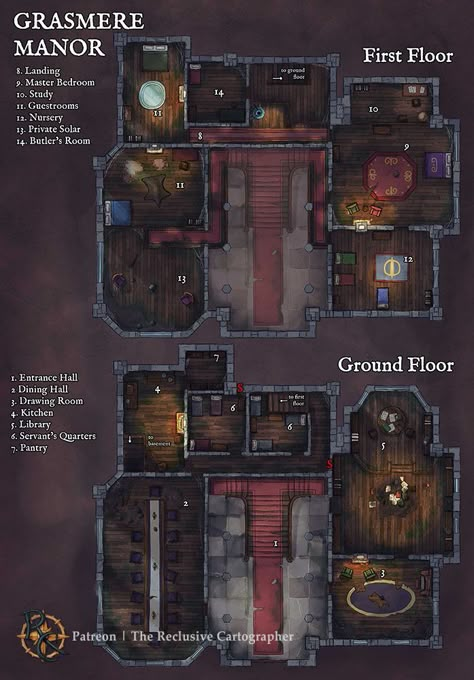 Top-down D&D battlemap of two-story manor house Taverna Medieval, Fantasy City Map, Call Of Cthulhu Rpg, Old Estate, Map Layout, Building Map, Dnd World Map, Dnd World, Fantasy World Map