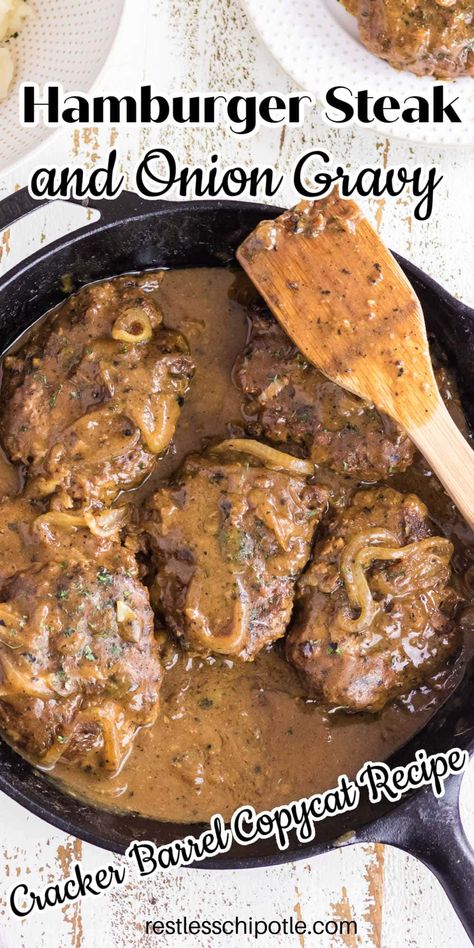 Copycat Cracker Barrel hamburger steaks and onion gravy recipe is hearty comfort food that's easy to make - even on a busy weeknight! Seasoned hamburger steaks are seared in a skillet on top of the stove then simmered in a rich onion gravy until they are tender and juicy! Onion Gravy Recipe, Hamburger Steak Recipes, Hamburger Steak And Gravy, Copycat Cracker Barrel, Cracker Barrel Recipes, Hamburger Steaks, Salisbury Steak Recipes, Hearty Comfort Food, Hamburger Steak