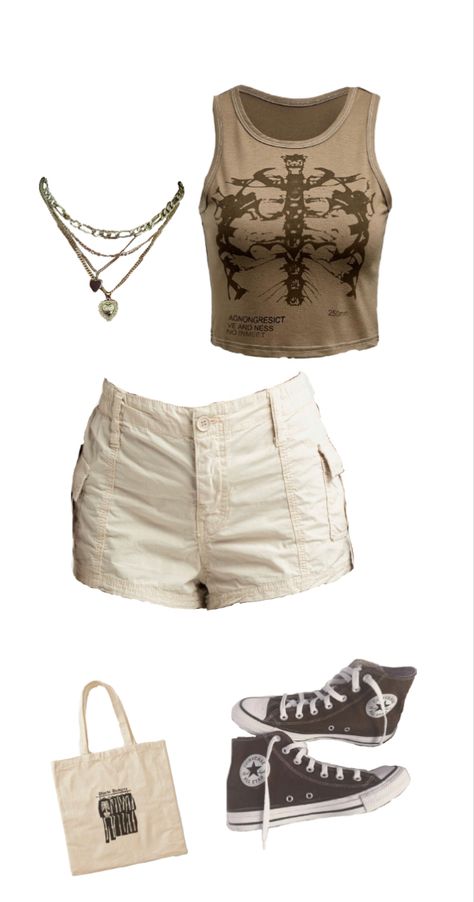 #etsy #outfits #outfitideas #outfitinspiration #outfitstyle #outfitoftheday #outfit #cute #casual #style #styleideas #fashion #converse #necklace #purses #purse #necklace #bag #brown #girl #shorts #cargo #casualstyle #beige #layerednecklace #bag Cream Shorts Outfit Aesthetic, Tan Jean Shorts Outfit, Outfit Ideas With Cargo Shorts, Beige Cargo Shorts Outfits Women, Y2k Outfit With Shorts, Khaki Cargo Shorts Outfit Women, Cargo Shorts Outfits Women Aesthetic, Beige Y2k Outfit, Cargo Short Outfits Women