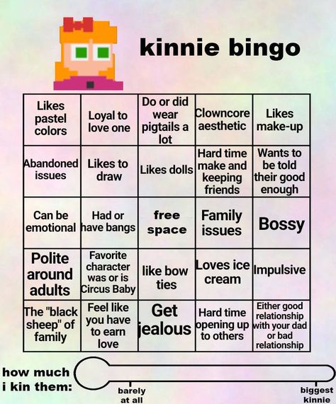 Fnaf Kinnie Bingo, Kin Bingo, Kinnie Bingo, Elizabeth Afton, Bingo Sheets, Bingo Template, Character Cards, Circus Baby, Bingo Cards