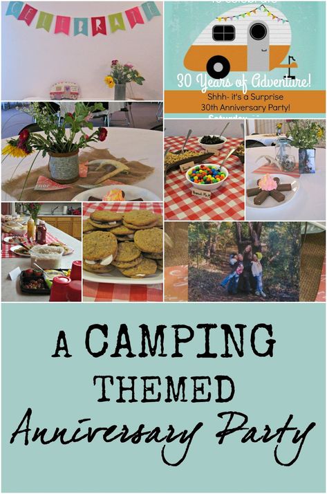 A camping themed anniversary party! Retro RV invites, fire-side worthy snacks, cute rustic decor, and even campfires at every table... and don't forget the s'mores! Camper Retirement Party Ideas, Rv Retirement Party Ideas, Happy Camper Retirement Party, Rv Party Ideas, Camping Retirement Party, Rv Birthday Party Ideas, Camping Anniversary Ideas, Camping Theme Retirement Party, Camping Retirement Party Ideas