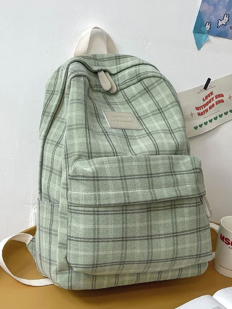 Cute Backpacks For Highschool, Fall Backpack, High School Backpack, Plaid Backpack, Preppy Bags, Stylish School Bags, Backpack Essentials, Aesthetic Backpack, Green Backpacks