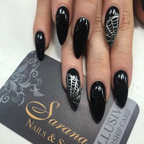 Black Nailz with Spider Webs Spider Web Nails, Nails Spider, Web Nails, Holiday Themed Nails, Acrylic Nails Almond Shape, Black Almond Nails, Ring Finger Nails, Witchy Nails, New Template