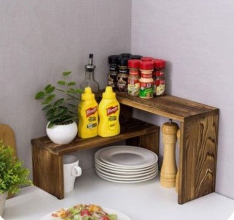 Small Desk Table, Kitchen Corner Storage, Burnt Wood Finish, Wooden Corner Shelf, Wood Corner Shelves, Shelf For Kitchen, Corner Storage Shelves, Countertop Shelf, Burnt Wood