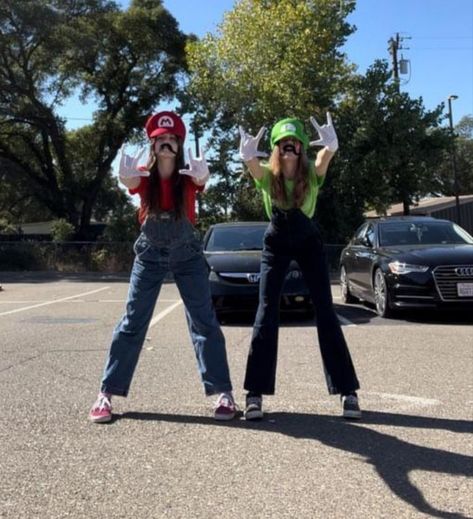 Mario and Luigi Halloween costume Girl Mario And Luigi Costumes, Waluigi Costume Women, Mario And Luigi Costumes Teen Girl, Mario Outfit Ideas, Luigi Costume Women, Mario And Luigi Costumes Women, Mario And Luigi Halloween, Mario And Luigi Costumes, Mario Brothers Costumes