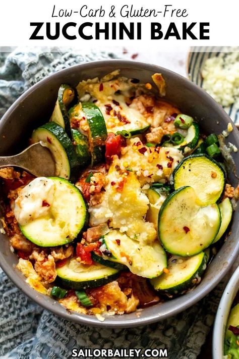 Zucchini Bake is a cheesy, easy low carb meal full of protein from ground chicken in every bite. A feel good meal fora healthy dinner recipe or lunch idea you will love - plus it's gluten-free and great for meal prep! Chicken Zucchini Recipes, Meal For The Week, Chicken Zucchini Bake, Zucchini Bake, Ground Chicken Recipes, Healthy Dinner Recipe, Low Carb Zucchini, Lunch Idea, Low Carb Meal