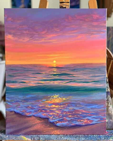 Painting Ideas For Guys, Ocean Painting Acrylic, Sunset Beach Painting, Group Painting, Sky Paintings, Beginners Painting, Seascape Photography, Modern Tattoos, Drawing Pen