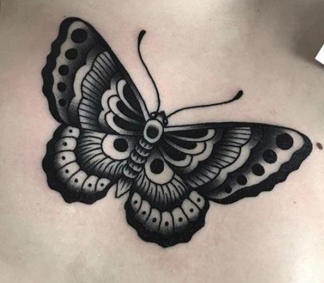 Wisconsin Tattoo, Milwaukee Tattoo, Traditional Moth Tattoo, Traditional Butterfly Tattoo, Butterfly Neck Tattoo, Black Butterfly Tattoo, Side Thigh Tattoos, Traditional Black Tattoo, Side Neck Tattoo