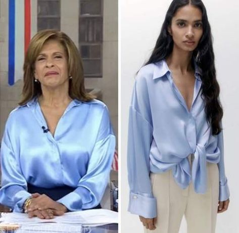 The Today Show: November 2022 Hoda Kotb's Blue Satin Shirt Blue Satin Shirt Outfit, Blue Satin Shirt, Satin Shirt Outfit, Hoda Kotb, Where To Buy Clothes, Event Outfit, October 2022, Fashion Tv, Satin Shirt