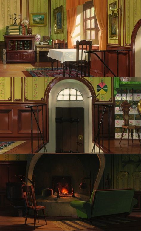 Howls Moving Castle Living Room, Howl's Moving Castle Interior, Howls Moving Castle Howl's Room, Kiki's Delivery Service House Interior, Howl's Moving Castle Kitchen, Studio Ghibli House Interior, Howls Moving Castle Interior, Ghibli Interior Design, Howls Kitchen