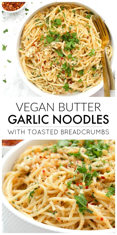 These Vegan Butter Garlic Noodles with Toasted Breadcrumbs are a simple pasta dish with all kinds of flavor. The breadcrumbs add a crunch that is next level delicious | ThisSavoryVegan.com #thissavoryvegan #veganpasta Butter Garlic Noodles, Simple Pasta, Garlic Noodles, Easy Pasta Dishes, Vegan Pasta Recipes, Savory Vegan, Idee Pasto Sano, Vegan Pasta, Pasta Dish