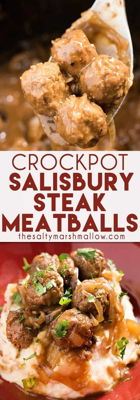 Crockpot Meatballs and gravy: These salisbury steak style meatballs are super easy to make for a weeknight family dinner! The best recipe for tender meatballs cooked in brown gravy right in the Crockpot or Slow cooker, and delicious served over mashed potatoes! Crockpot Meatballs And Gravy, Crockpot Salisbury Steak, Meatloaf Patties, Salisbury Steak Crockpot, Crockpot Meatballs, Salisbury Steak Meatballs, Meatballs And Gravy, Tender Meatballs, Over Mashed Potatoes