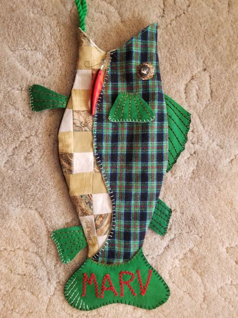 Fish Bag Pattern, Fish Christmas Stocking, Fish Pillows, Fisherman's Cottage, Ocean Christmas, Fish Pillow, Memory Projects, Sea Quilt, Diy Stockings