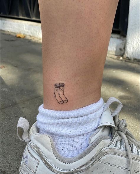 Grippy Socks Tattoo, Straw Tattoo, Funky Tattoo Ideas, Silly Little Tattoos, Socks Tattoo, Shoe Tattoo, Sock Tattoo, Ankle Tat, Shoe Tattoos