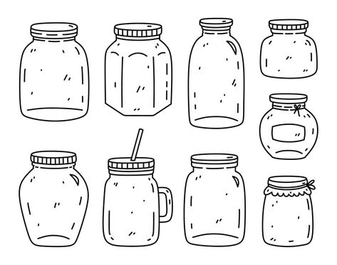 A set of glass jars of different shapes isolated on white background. Utensils for canning, jam, drinks. Vector hand-drawn illustration in doodle style. Perfect for decorations, logo, various designs. Jar Doodle, 30 Day Drawing Challenge, Canning Jam, Doodle Style, Fig Jam, Jam Jar, Vector Hand, Drawing Challenge, Different Shapes