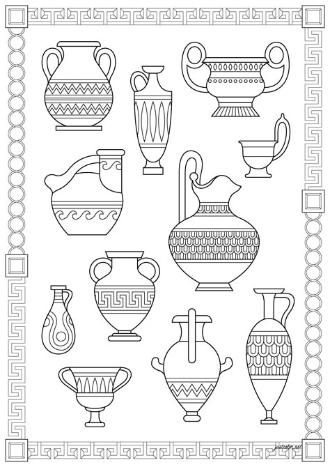 Greece Vase Drawing, Ancient Vase Tattoo, Greek Coloring Pages, Greece Coloring Pages, Greek Vase Art, Greek Vase Tattoo, Pottery Coloring, Summer Pottery, Ancient Greece Art