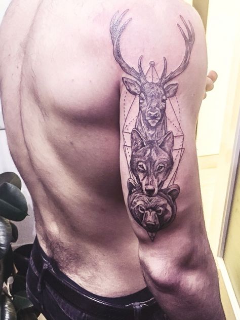 Elk And Wolf Tattoo, Deer Wolf Tattoo, Deer And Wolf Tattoo, Animal Totem Tattoo, Bow Hunting Tattoos, Wolf Paw Tattoos, Skull Tattoos For Men, Elk Tattoo, Totem Tattoo