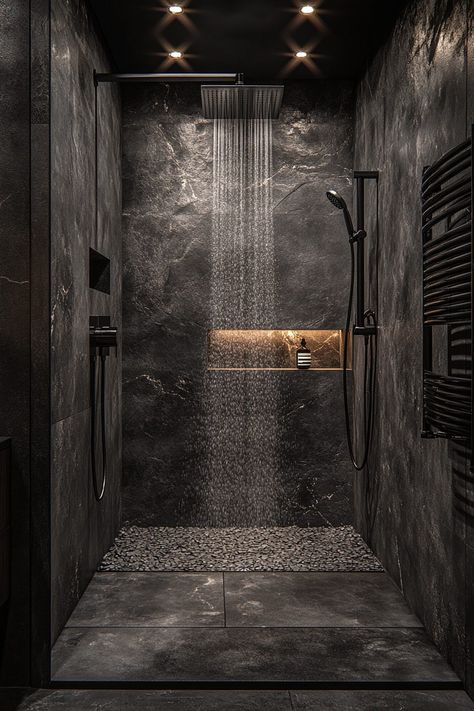 29 Apartment Bathroom Decor Ideas for a Chic and Functional Makeover 24 Dark Bathroom Tiles Ideas, Bathroom Dark Gray Walls, Moody Bathroom Shower Tile, Grey Tiled Bathrooms Ideas, Dark Aesthetic Bathroom Ideas, Moody Shower Tile, Dark Grey Marble Bathroom, Dark Bathroom Tile Ideas, Dark Green Moody Bathroom