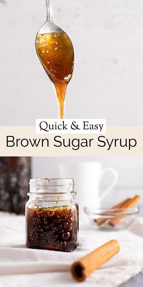 This brown sugar syrup is quick and easy-to-make, using only 2 ingredients: brown sugar and water. Use it to give cocktails a sweet caramel undertone, or to drizzle over pancakes for a decadent breakfast. Brown Sugar Syrup For Pancakes, Diy Brown Sugar Coffee Syrup, Brown Sugar Cookie Syrup, Homemade Brown Sugar Syrup Recipe, Diy Brown Sugar Syrup, Brown Sugar Syrup For Boba, Healthy Coffee Syrup, How To Make Brown Sugar Syrup, Brown Sugar Coffee Syrup Recipe