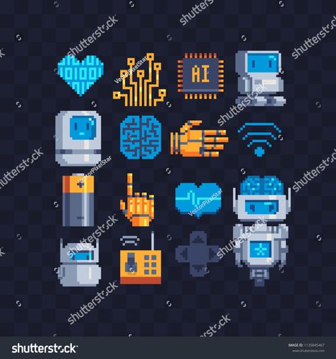 Information Technology pixel art icons set. Artificial intelligence, micro circuit and robot android. Chat bot. Central processing unit. Isolated vector illustration. Design for stickers, logo, app. #Ad , #Sponsored, #micro#intelligence#Artificial#android Pixel Robot, Pixel Art Logo, Pixel Art Icon, Voxel Games, Pixel Life, Desktop Environment, Central Processing Unit, Ascii Art, 8bit Art