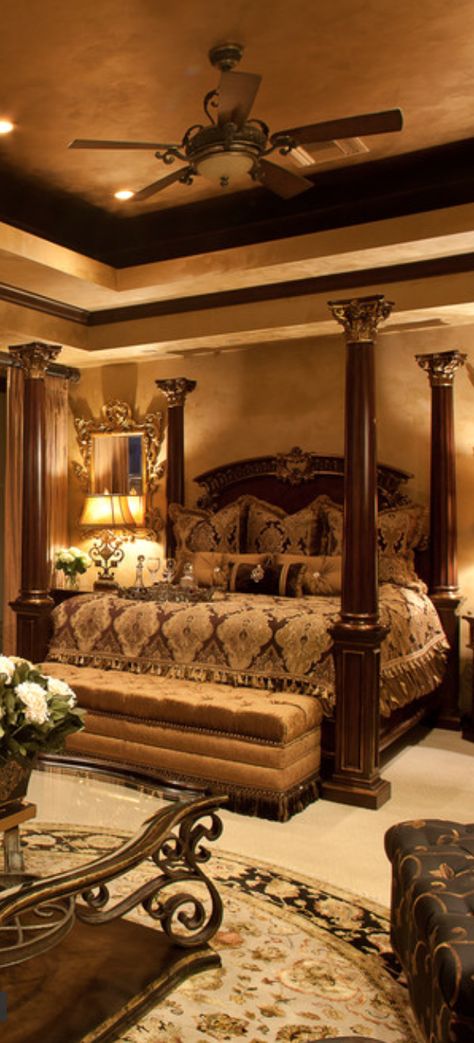 Old World, Mediterranean, Italian, Spanish & Tuscan Homes & Decor Tuscan Home Decor Ideas, Old World Bedroom, Tuscan Home Decorating, Tuscan Bedroom, Tuscan Homes, Tuscany Decor, Post Bed, Homes Decor, Bedroom Christmas