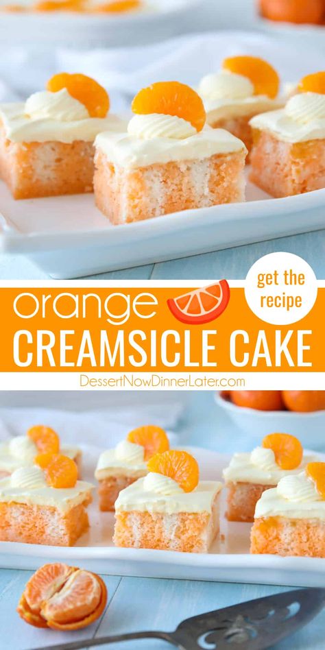 Orange Creamsicle Cake is an easy cake recipe with Jello and pudding. Light and citrusy, this doctored cake mix is way better than made straight from the box. This orange poke cake is the perfect flavor for summer! Aloha Desserts, Orange Dreamsicle Cake Recipe, Dreamsicle Cake Recipe, Orange Creamsicle Cake, Orange Recipes Dessert, Pizza Fruit, Pudding Frosting, Low Calorie Cake, Creamsicle Cake