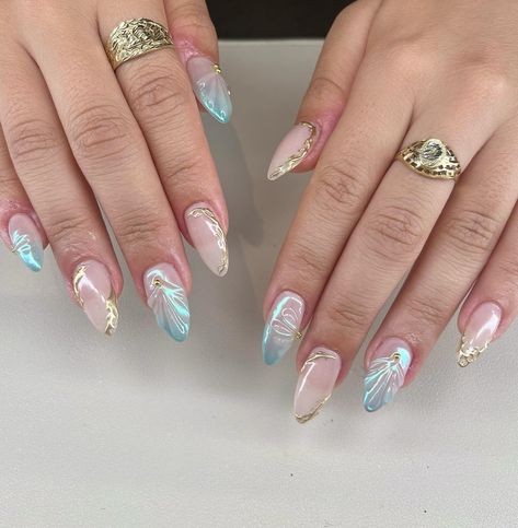 mermaid core 🐚✨ shape: medium almond gel-x set . . . . . . . . . #oceannails #seanails #bluenails #mermaidnails #shortalmondnails #almondnails #corvallisnails #portlandnails #happyvalleynails #mermaidnails #nailart #nailsnailsnails #nailaddict #nailartist #nails #cutenails #nailinspiration #nailinspo #naildesign #naillove #nailsofinstagram #gelnails #airbrushnails #chromenails #chromenailart #nailideas #irissalonandspa Sea Nails, Chrome Nail Art, Short Almond Nails, Airbrush Nails, Medium Almond, Mermaid Core, Mermaid Nails, Almond Shape, Chrome Nails