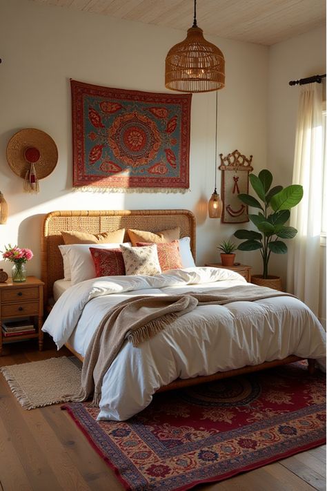 Overhead view of boho bedroom with rattan headboard, layered rugs, and tapestries Millennial Bedroom Ideas, Layered Bedroom Rugs, Layering Rugs Bedroom, Clean Boho Bedroom, Boho Small Bedroom, Jungalow Bedroom, Jute Rug Bedroom, Minimal Boho Bedroom, Angled Bedroom