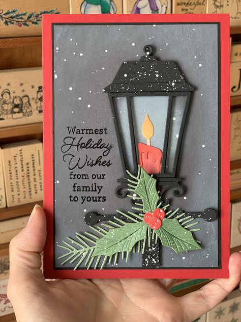 Memory Box NEW Old Lamp Post, Melted Candles, Holly Bundle and Pine Needle Trio Card... Old Lamp Post, Christmas Lamp Post, Ornament Tags, Memory Box Dies, Lantern Christmas, Christmas Lamp, Christmas Card Inspiration, Candle Cards, Old Lamps