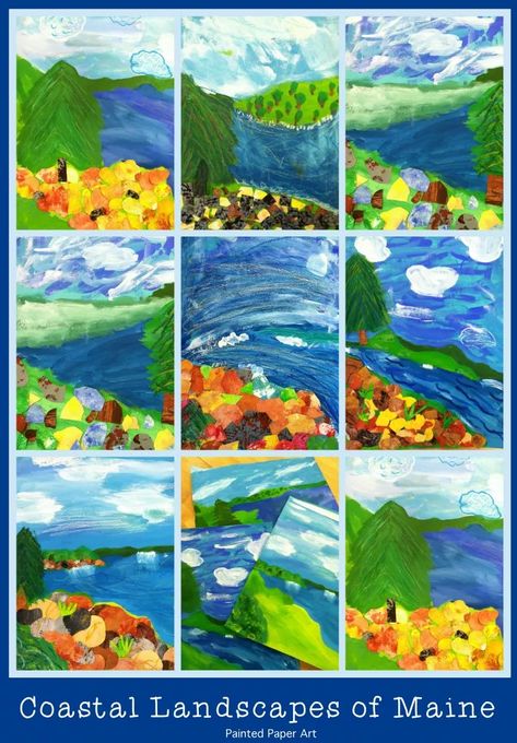 Painted Paper Art, Landscape Art Lessons, Class Art Projects, State Of Maine, Maine Art, Oil Pastels Painting, Sea Life Art, Art Projects For Kids, Chicken Art