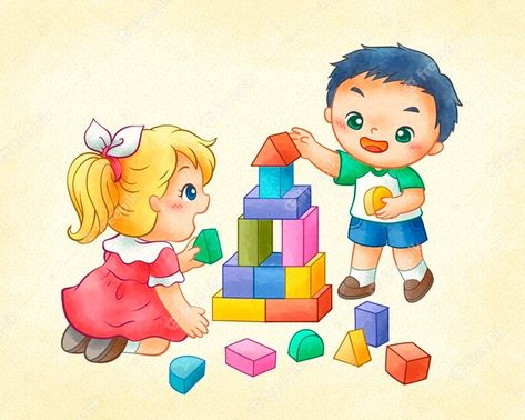 Kids Playing Drawing, Building Blocks Illustration, Building Blocks Ideas, Kids Clipart Free, Free Printable Baby Shower Invitations, Illustration Story, Children Playing, Colourful Buildings, How To Make Toys