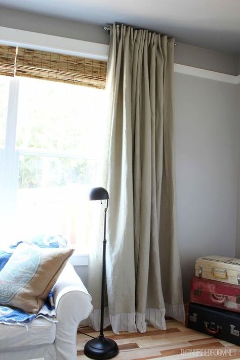 How to lengthen curtains that are too short! - DIY Embellished Extra Long Ikea Curtains #DIY Lengthen Curtains, Short Curtain Rods, Affordable Curtains, Extra Long Curtains, Ikea Curtains, Plain Curtains, No Sew Curtains, Long Curtains, How To Make Curtains